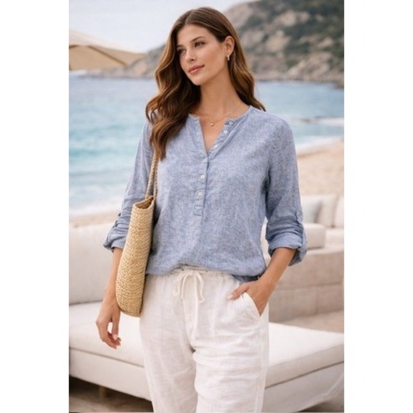 Hester & Orchard Tops - Hester & Orchard Womens Blue Linen Cotton‎ Blend Roll Tab Henley Top Small